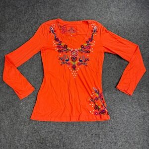 JW John Was Embroidered Boho Shirt Women's Medium Coral V Neck Floral Birds